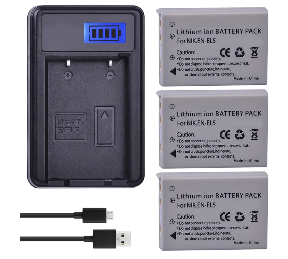 3 BATERÍAS EN-EL5 + CARGADOR MH-61 ALTERNATIVO NIKON-0