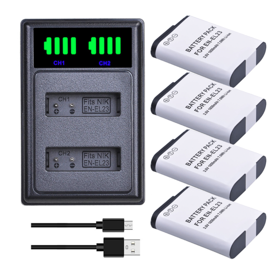 4 BATERÍAS EN-EL23 + CARGADOR DOBLE MH-67 ALTERNATIVO NIKON-0