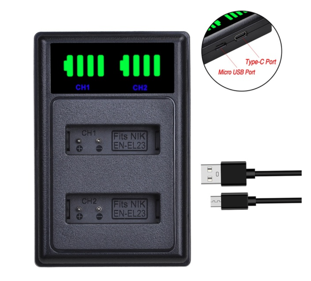 4 BATERÍAS EN-EL23 + CARGADOR DOBLE MH-67 ALTERNATIVO NIKON-1