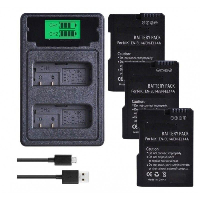 3 BATERÍAS EN-EL14 + CARGADOR DOBLE MH-24 ALTERNATIVO NIKON-0