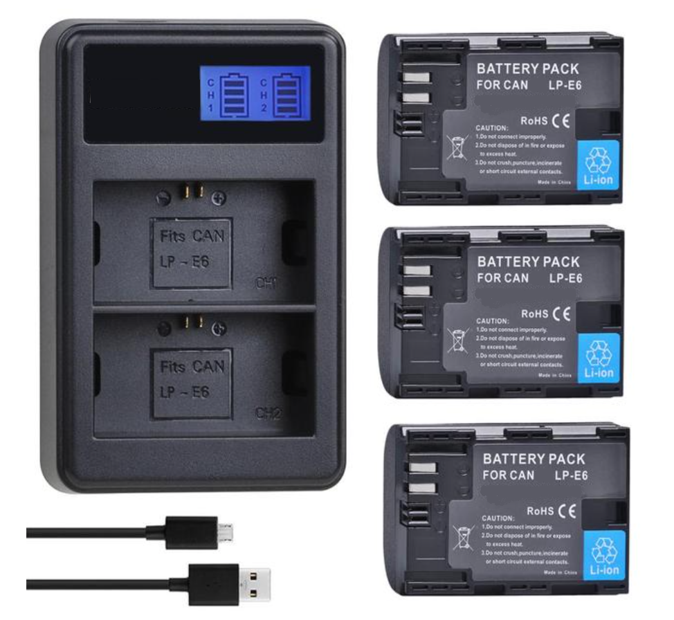 3 BATERÍAS LP-E6 + CARGADOR DOBLE LC-E6 ALTERNATIVO CANON-0