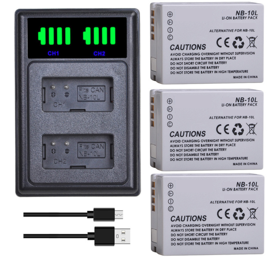 3 BATERÍAS NB-10L + CARGADOR DOBLE CB-2LCE ALTERNATIVO CANON-0