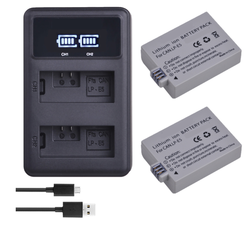 2 BATERÍAS LP-E5 + CARGADOR DOBLE LC-E5 ALTERNATIVO CANON-0