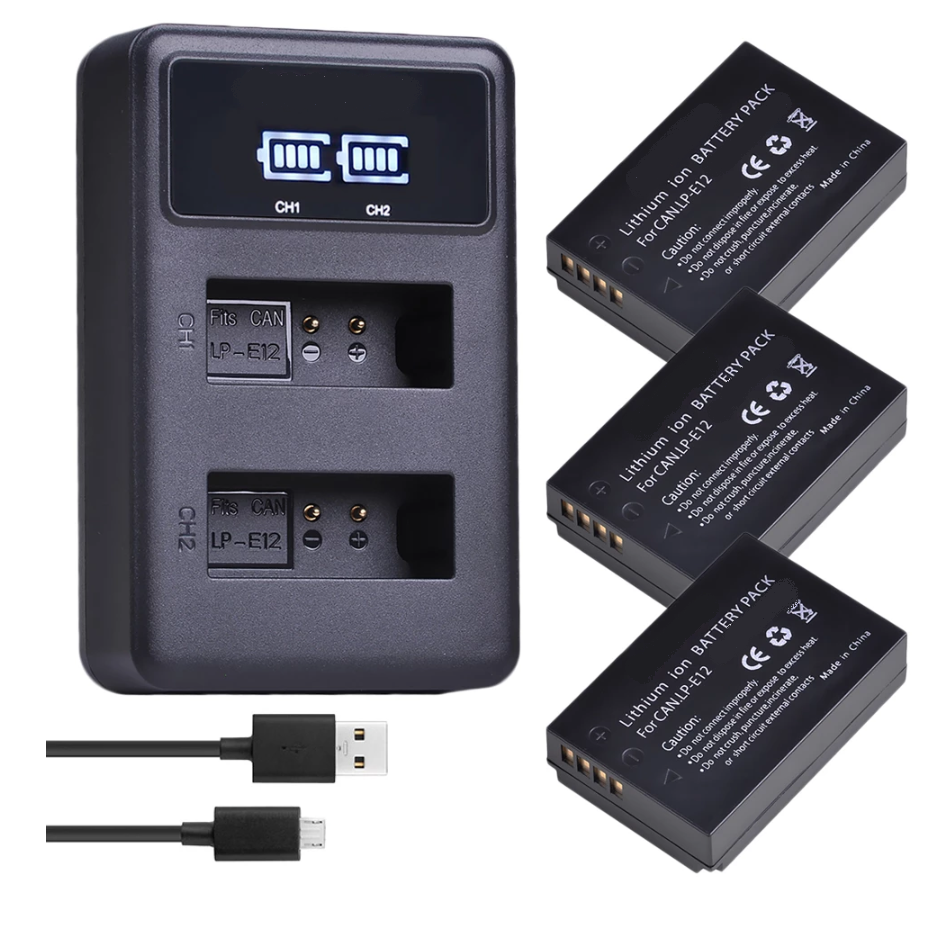 3 BATERÍAS LP-E12 + CARGADOR DOBLE LC-E12 ALTERNATIVO CANON-0
