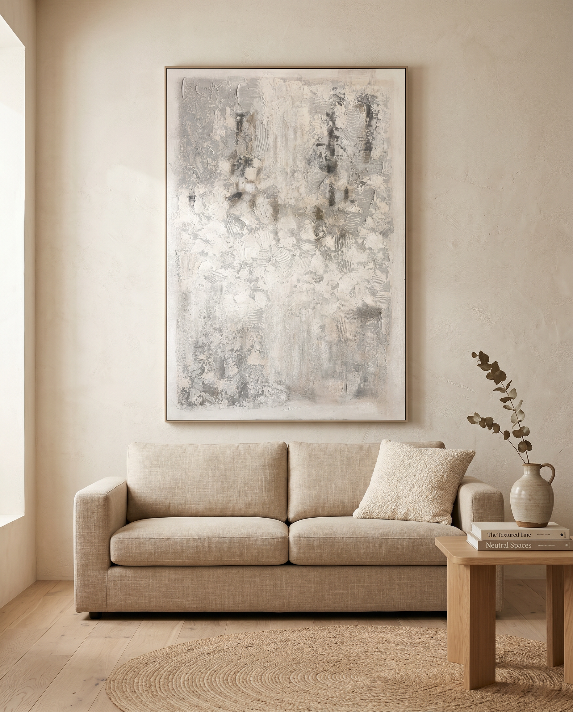 Cuadro Abstracto Pintado a Mano: Ceniza Blanca 100x150 cm-1