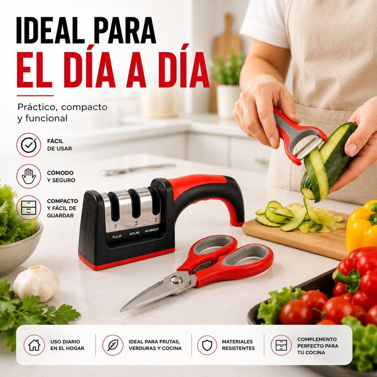 Set de Cocina Esencial 3 en 1 Afilador Profesional Tijera Multiuso y Pelador Ergonomico-4