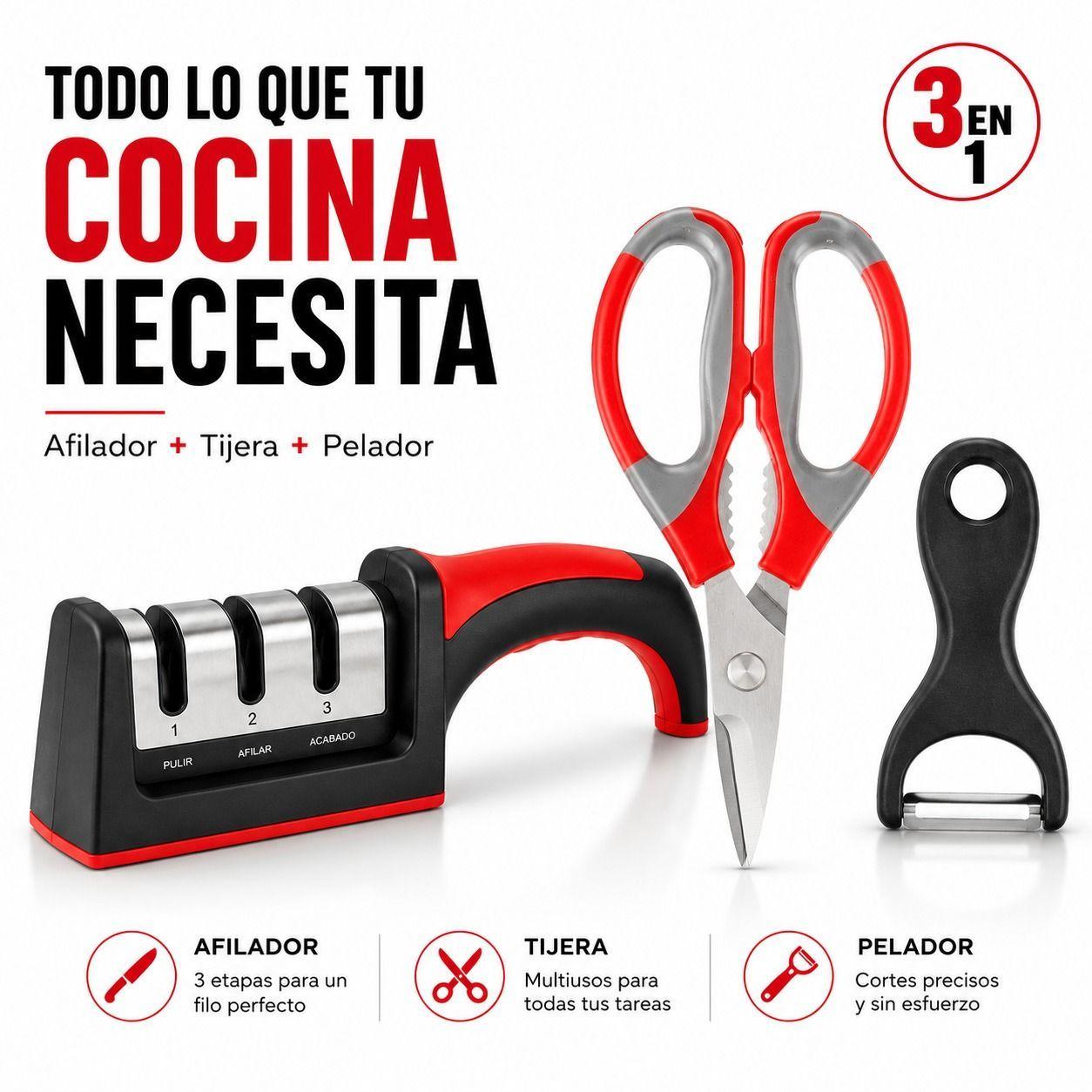 Set de Cocina Esencial 3 en 1 Afilador Profesional Tijera Multiuso y Pelador Ergonomico-6