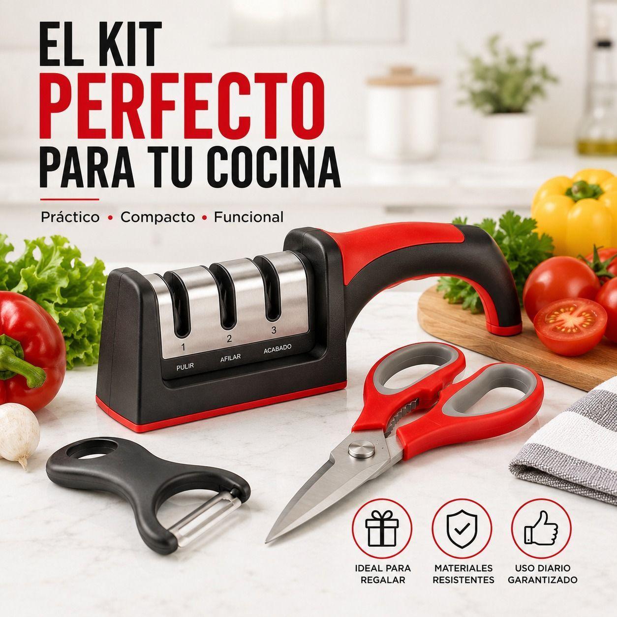 Set de Cocina Esencial 3 en 1 Afilador Profesional Tijera Multiuso y Pelador Ergonomico-7