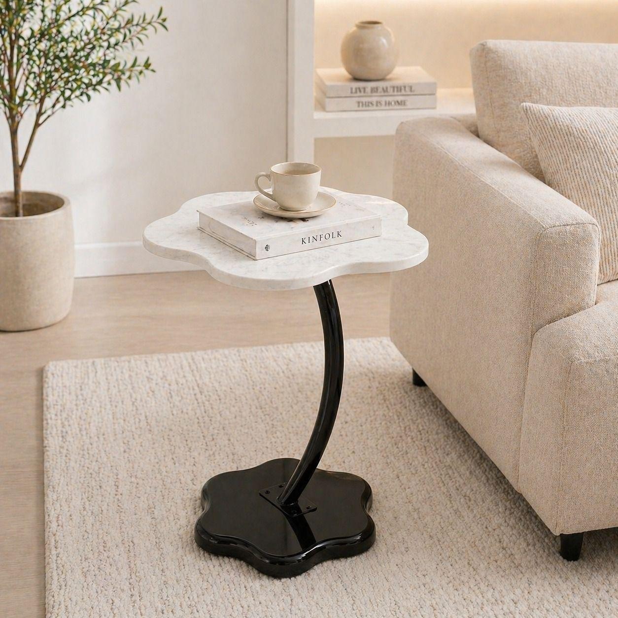 Mesa de Arrimo Lateral Blanco Marmoleado Diseño Curvo-1
