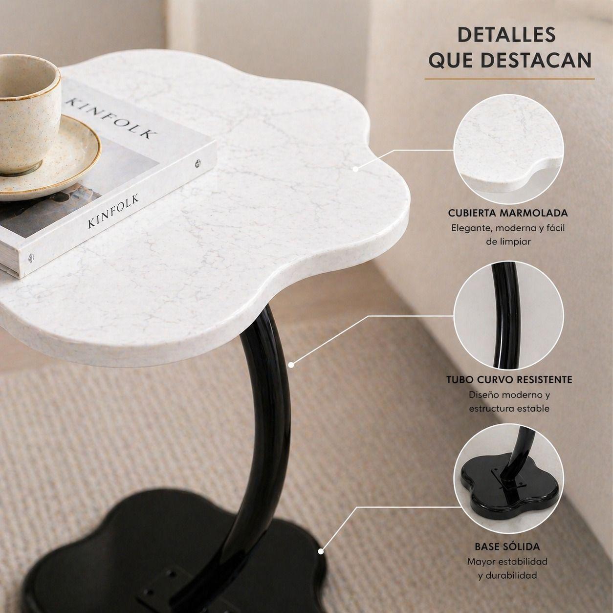 Mesa de Arrimo Lateral Blanco Marmoleado Diseño Curvo-2