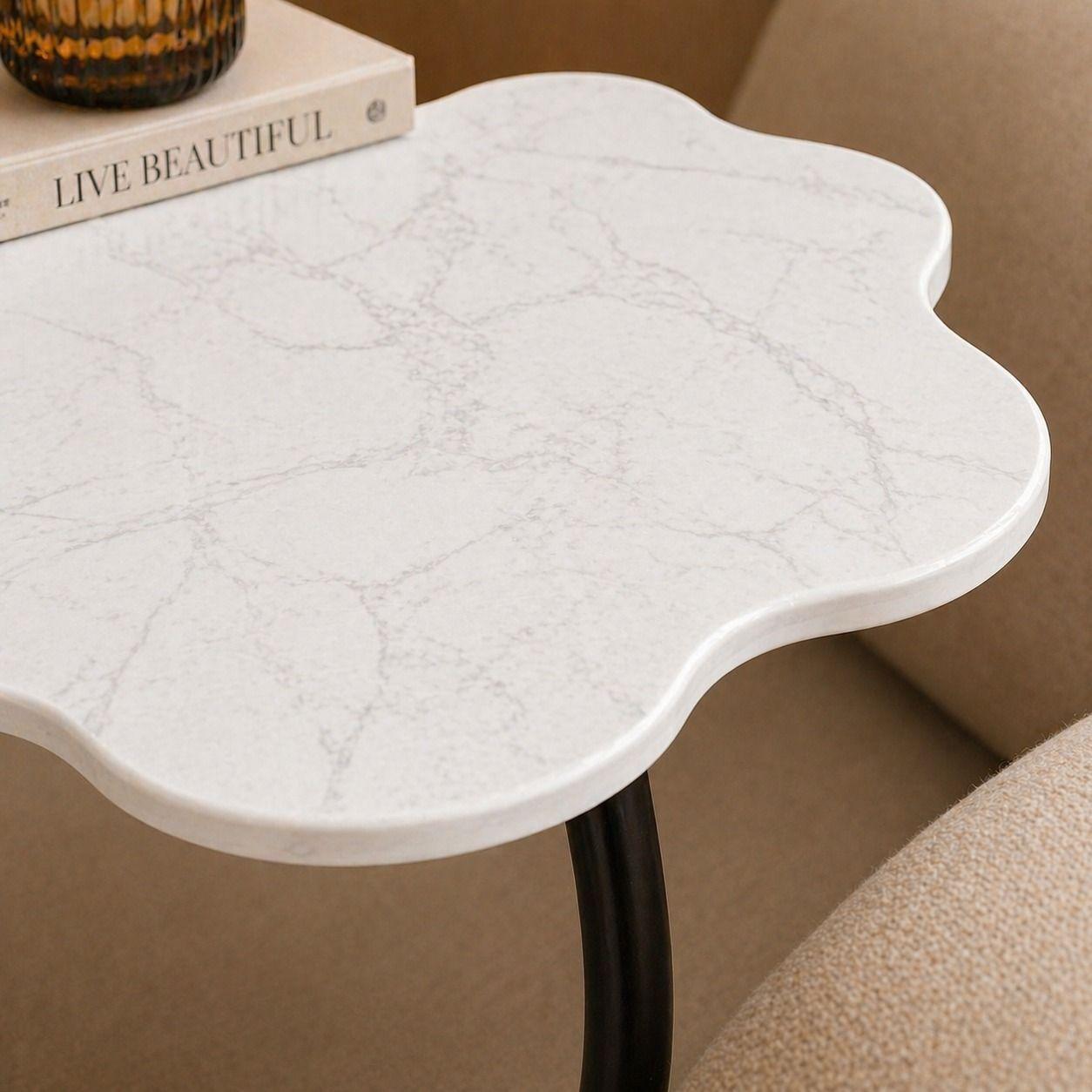 Mesa de Arrimo Lateral Blanco Marmoleado Diseño Curvo-3