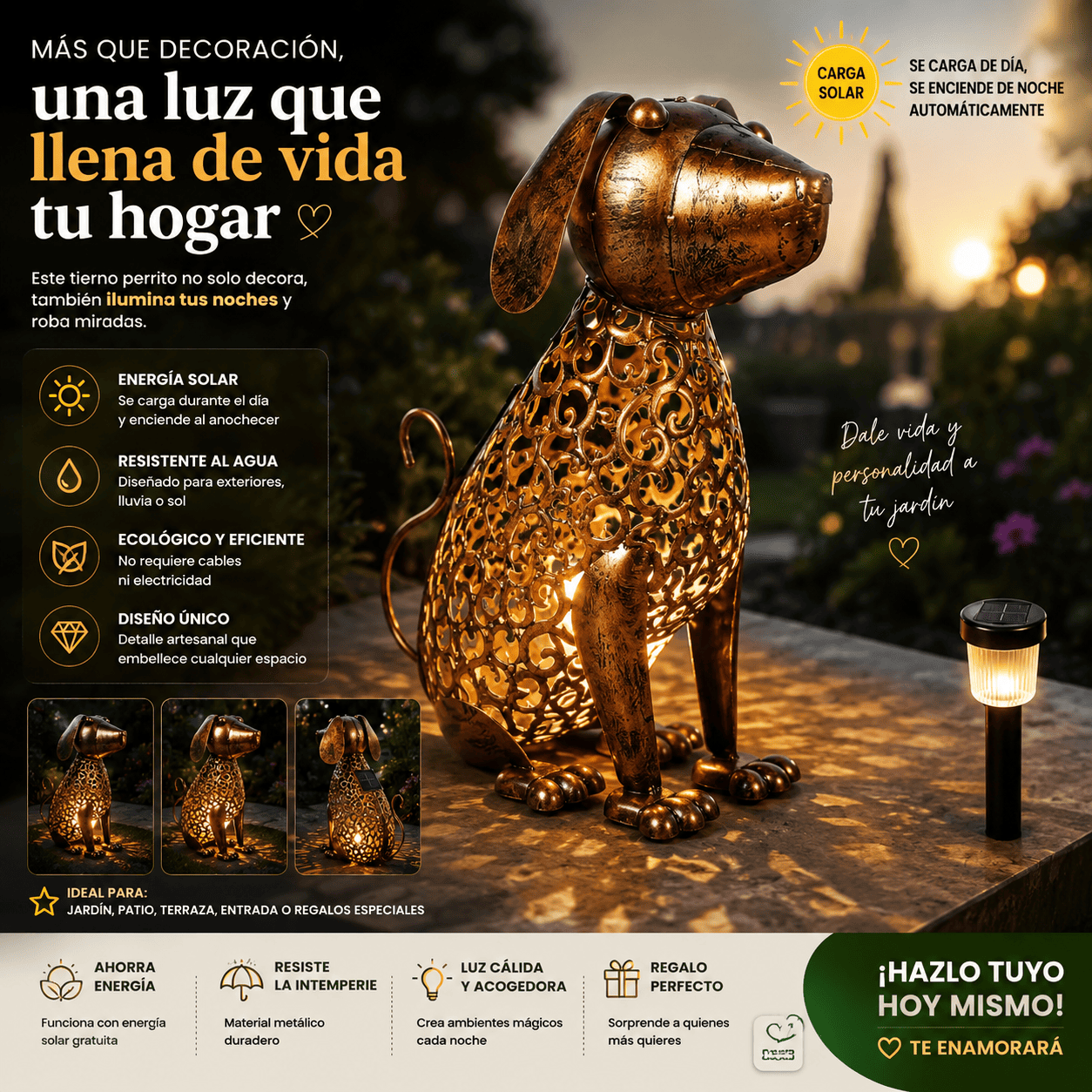 Lampara Solar Decorativa Perro Metal Vintage Exterior-1