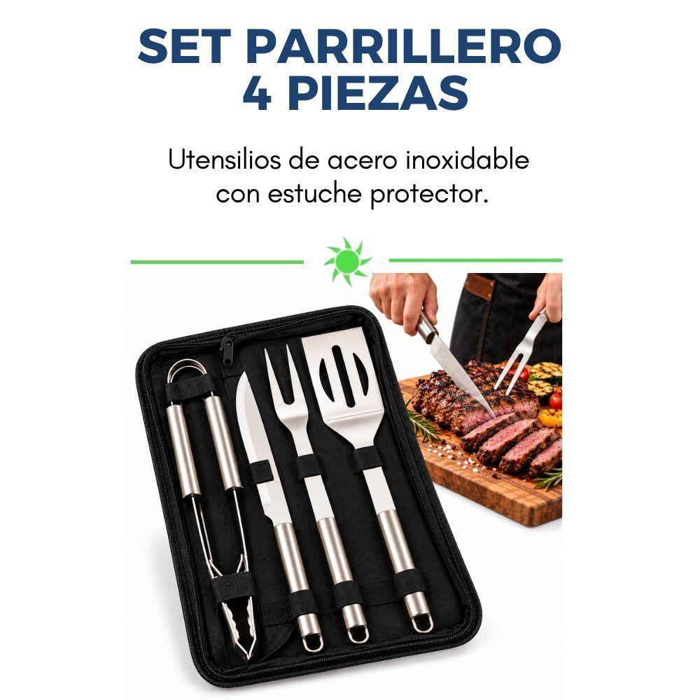 Set Parrillero 4 Utensilios Asado de Acero Inoxidable con Estuche-1