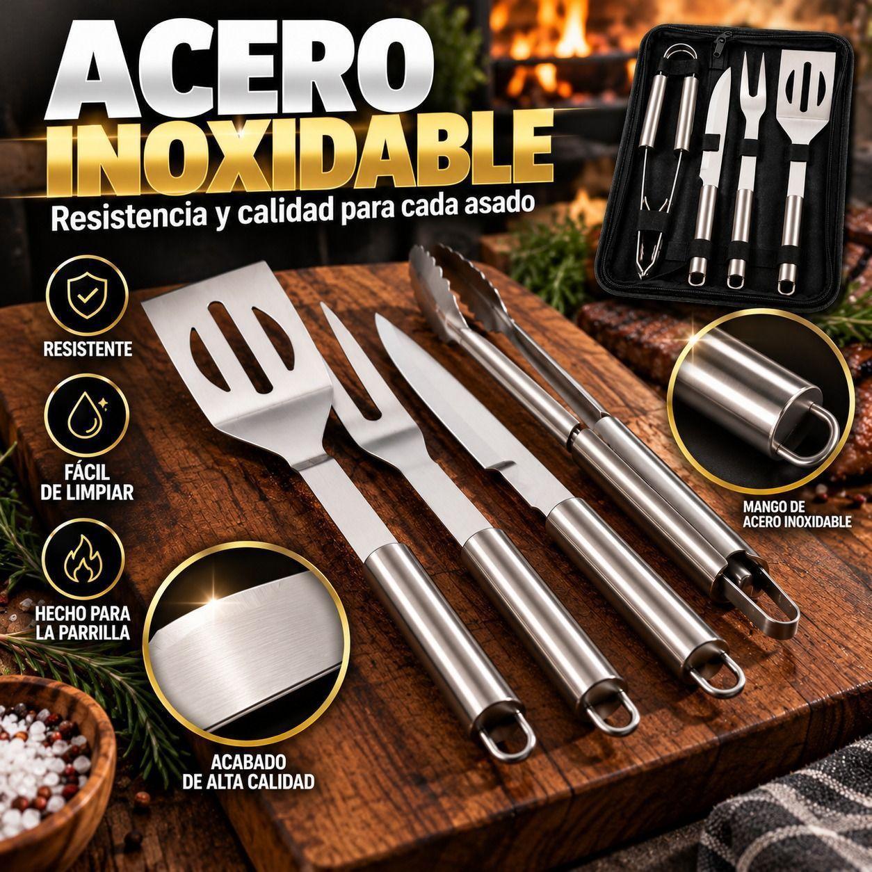 Set Parrillero 4 Utensilios Asado de Acero Inoxidable con Estuche-2