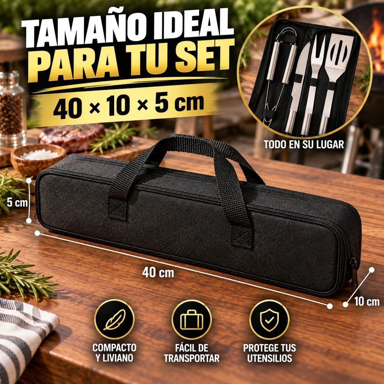 Set Parrillero 4 Utensilios Asado de Acero Inoxidable con Estuche-4