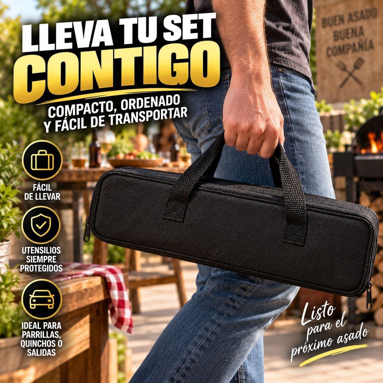 Set Parrillero 4 Utensilios Asado de Acero Inoxidable con Estuche-5