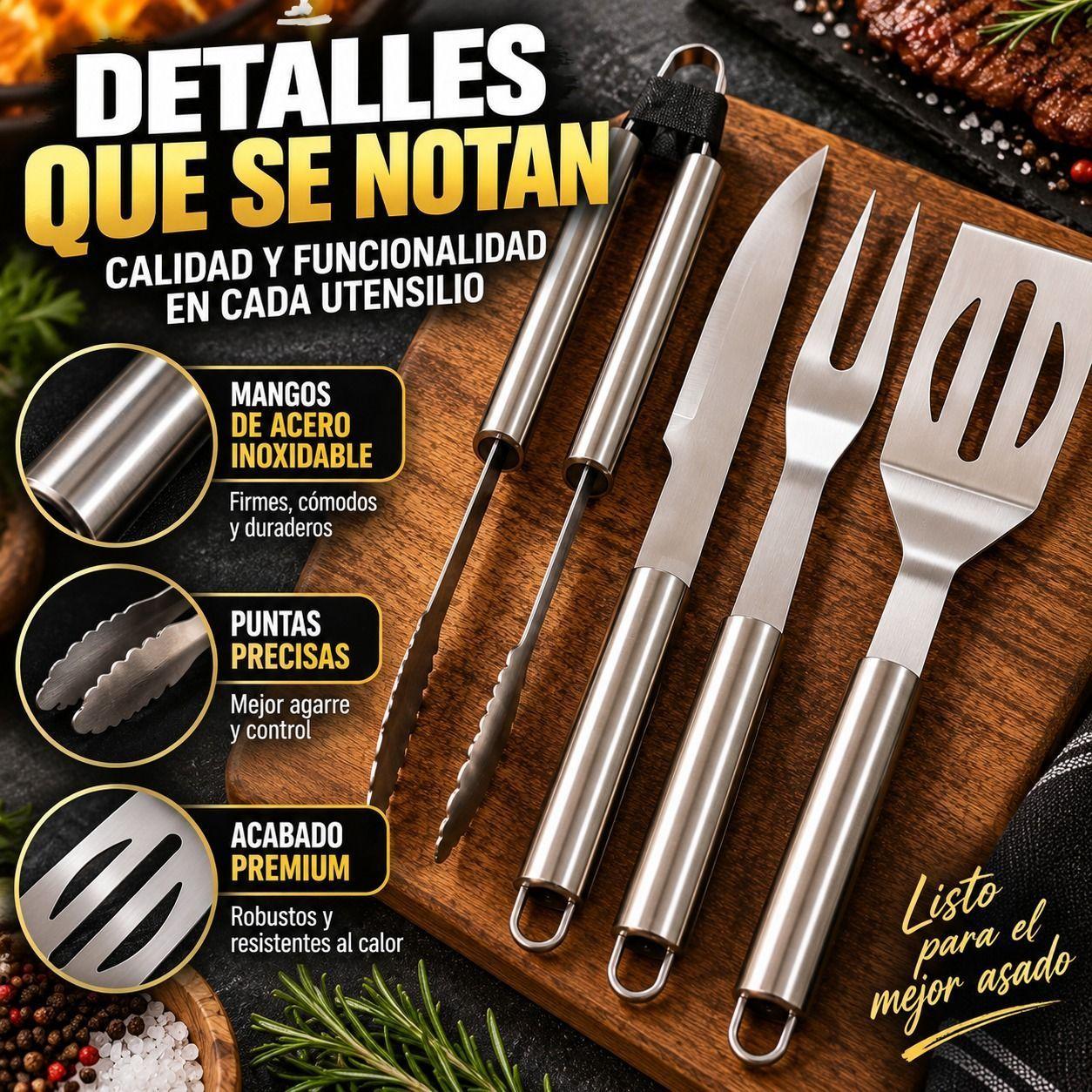 Set Parrillero 4 Utensilios Asado de Acero Inoxidable con Estuche-7