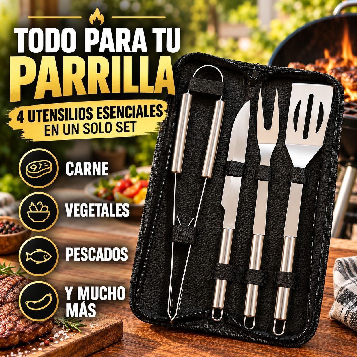 Set Parrillero 4 Utensilios Asado de Acero Inoxidable con Estuche-9