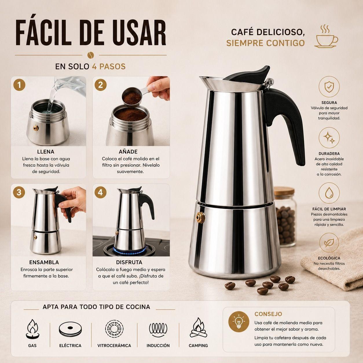 Cafetera Italiana Acero Inoxidable Espresso Moka 300ml 6 Tz-6