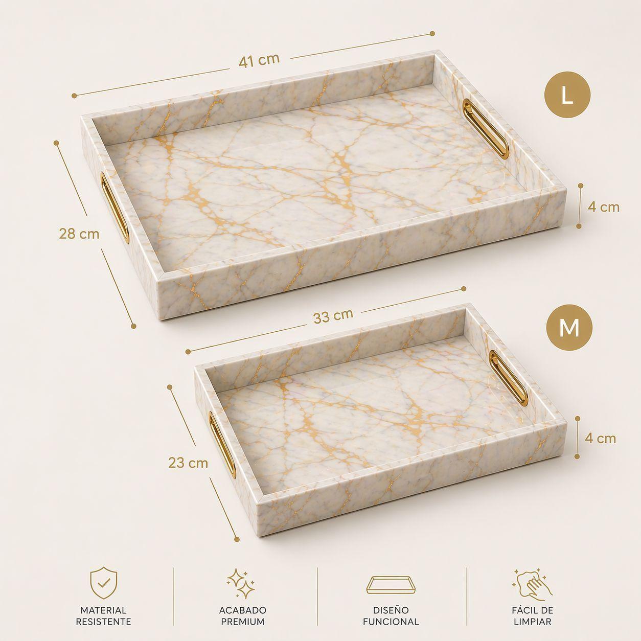 Set 2 Bandejas Decorativas Marmol Dorado Premium-1