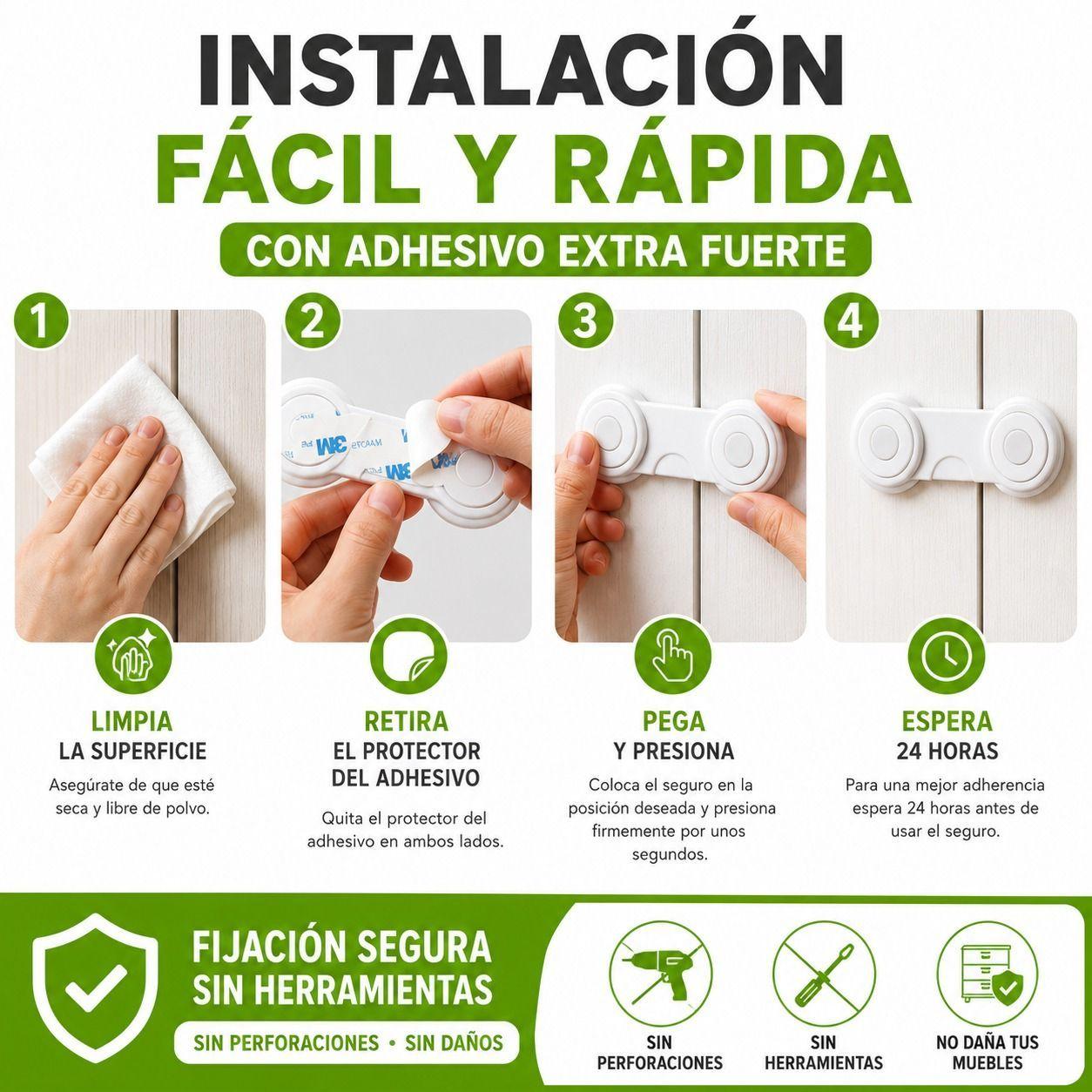 Seguro Infantil Adhesivo Multiuso para Cajones y Puertas Pack 4 Unidades-5