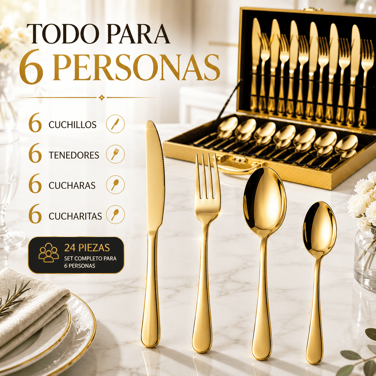 Juego de Cubiertos Dorados Luxe 24 Piezas con Malet n Premium para 6 Personas-5