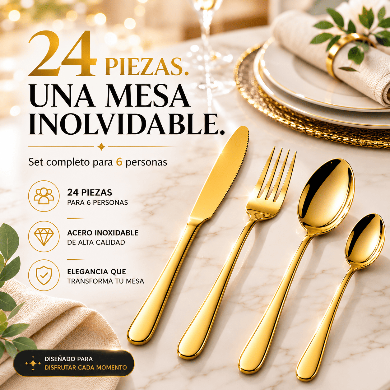 Juego de Cubiertos Dorados Luxe 24 Piezas con Malet n Premium para 6 Personas-6