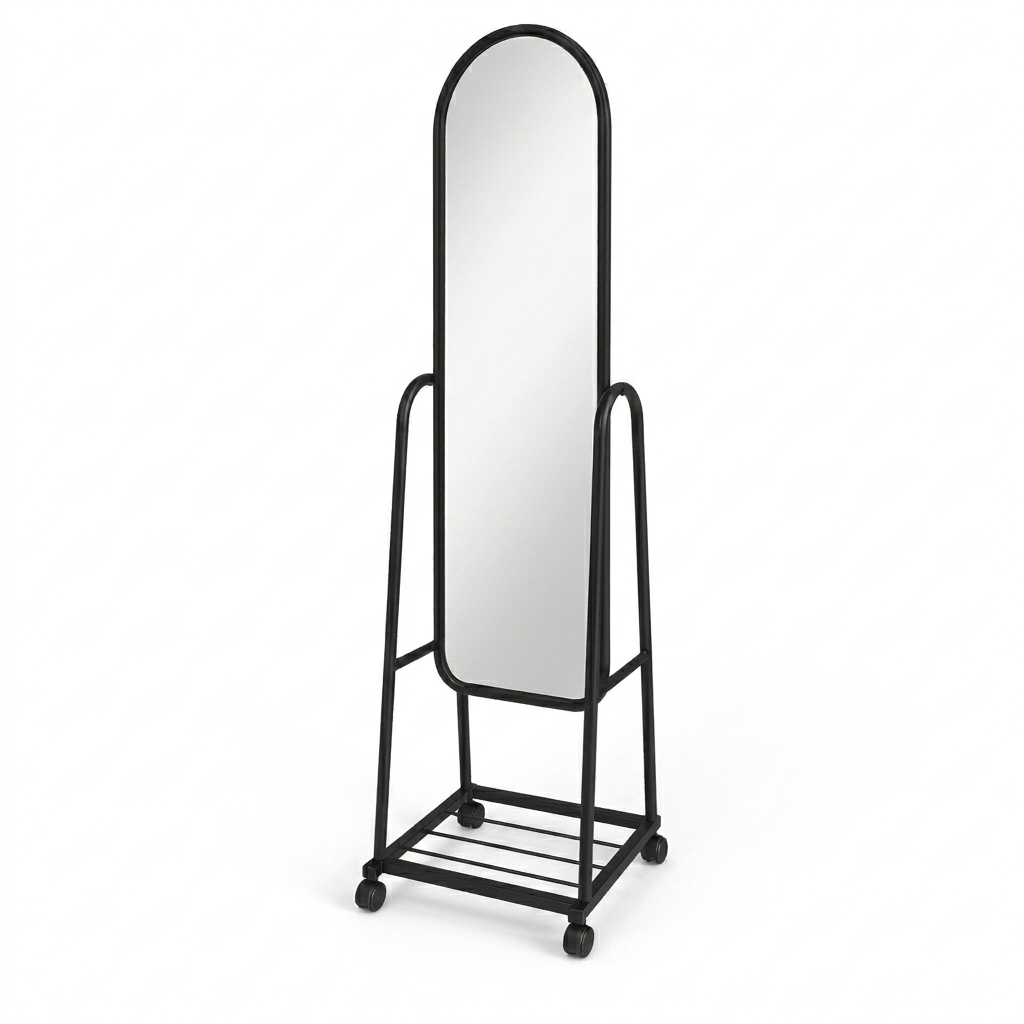 Espejo de Cuerpo Completo con Ruedas y Repisa 160 cm Diseno Moderno Negro-0