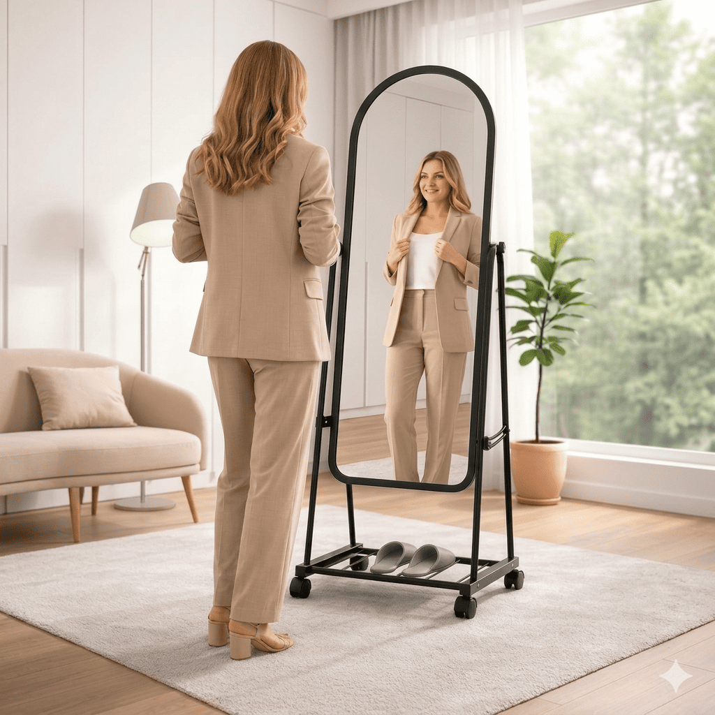 Espejo de Cuerpo Completo con Ruedas y Repisa 160 cm Diseno Moderno Negro-1