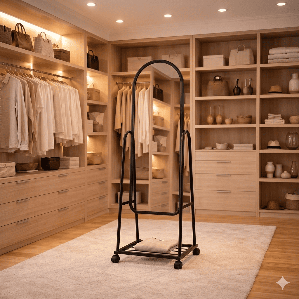 Espejo de Cuerpo Completo con Ruedas y Repisa 160 cm Diseno Moderno Negro-3