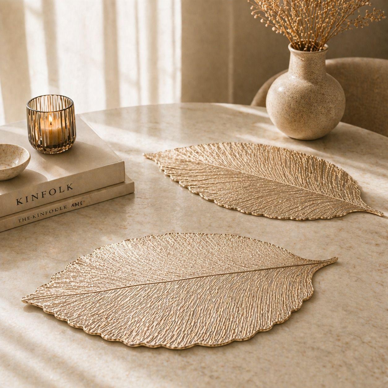 Individual Decorativo Forma Hoja Dorado Premium 31 x 53 cm-6