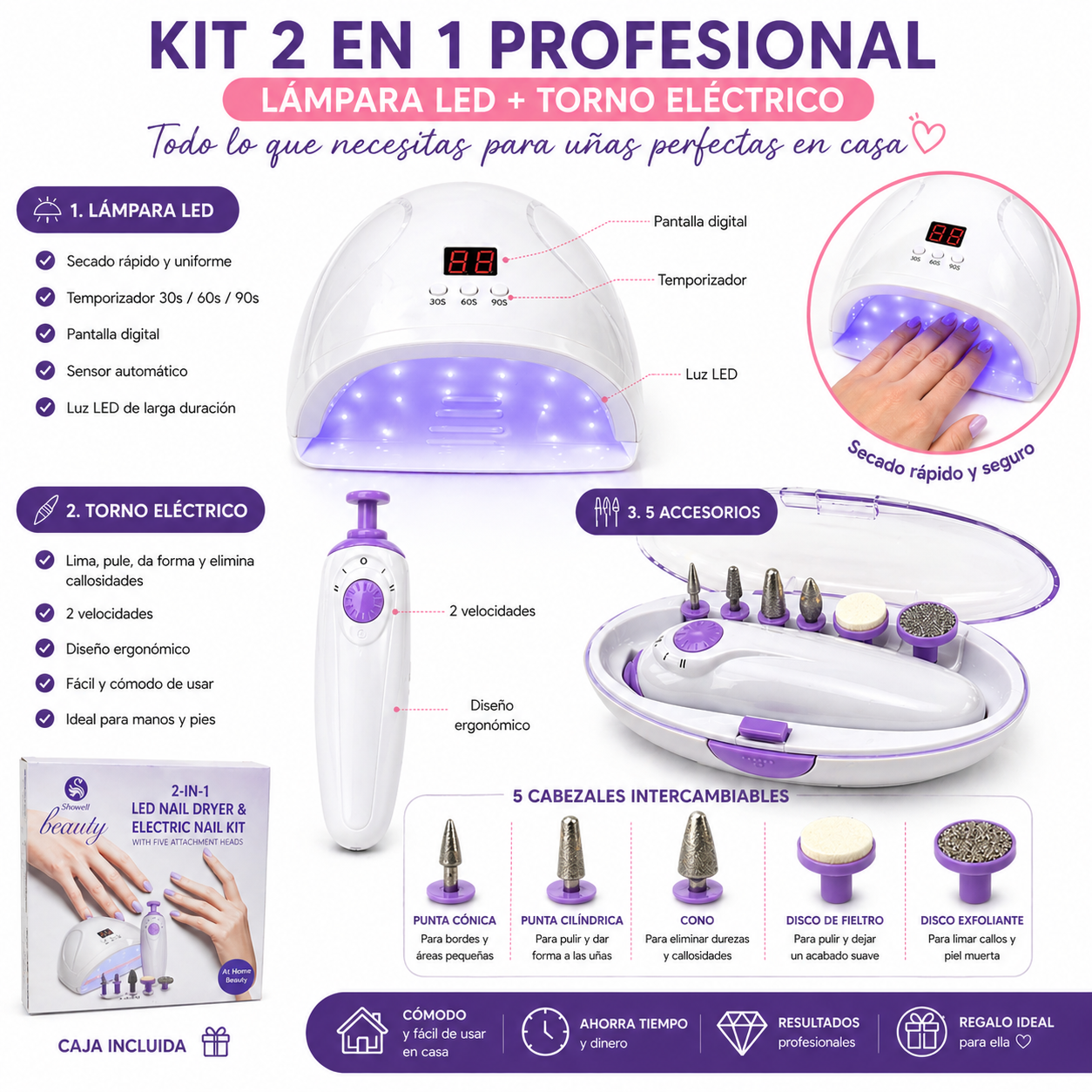 Kit Manicure 2 en 1 Lampara LED Secadora y Torno Profesional-2