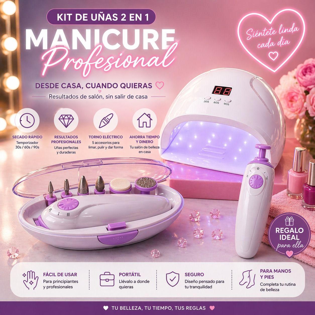 Kit Manicure Lámpara LED Uñas 12W Y Torno Con 5 Cabezales-4