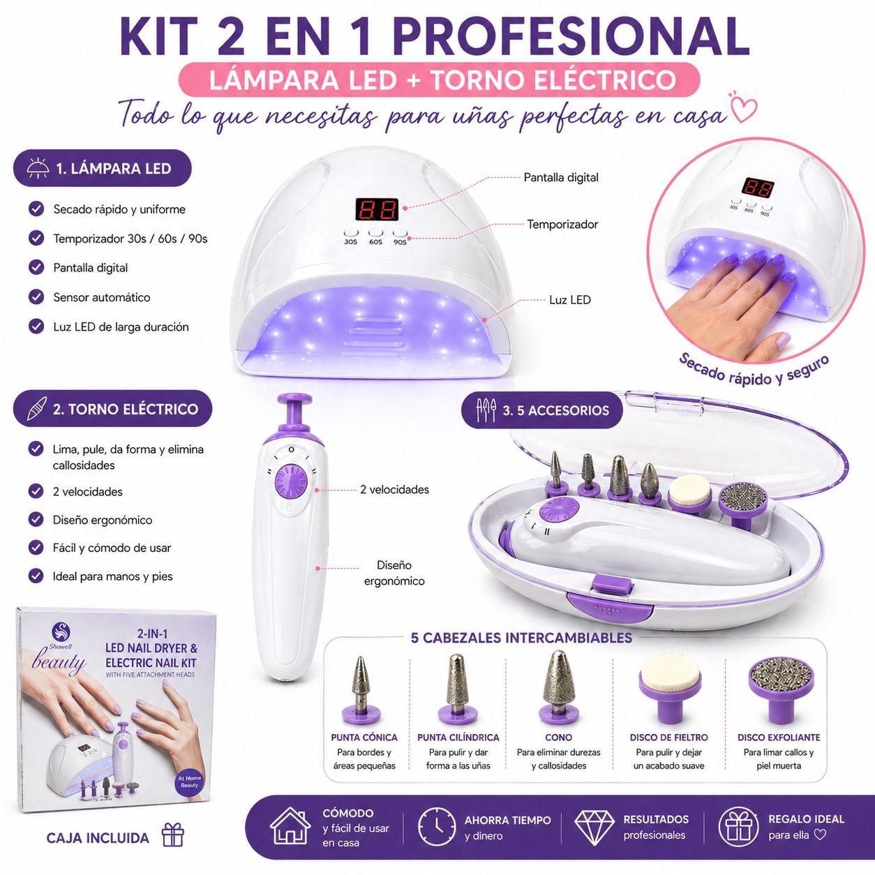 Kit Manicure Lámpara LED Uñas 12W Y Torno Con 5 Cabezales-5