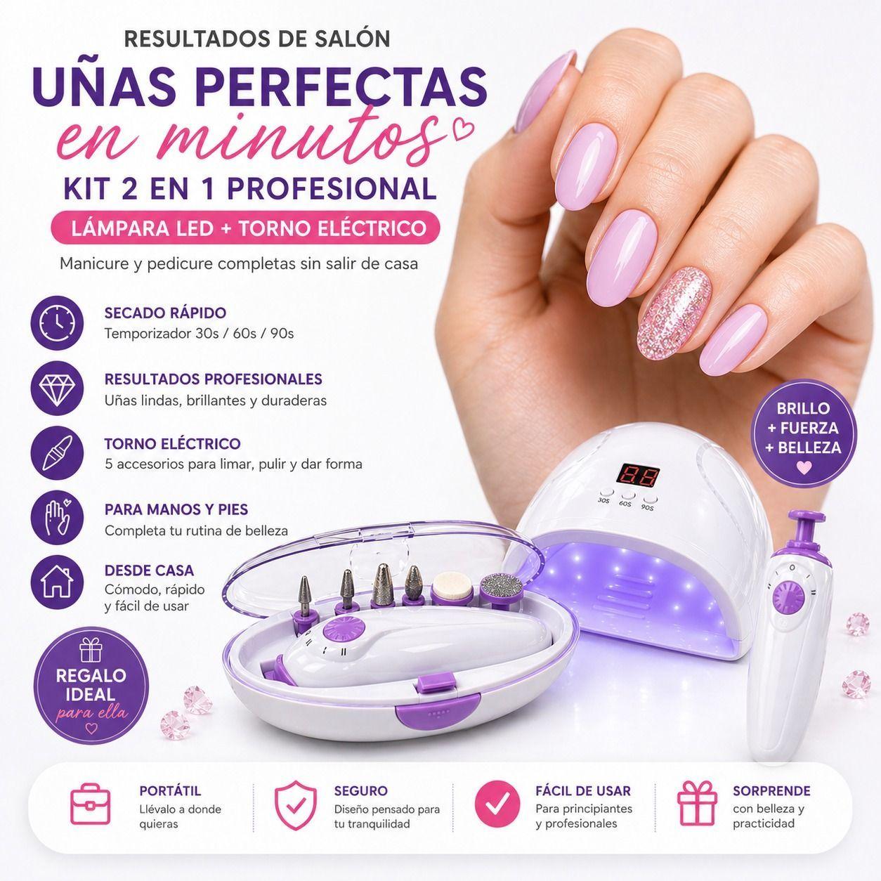 Kit Manicure Lámpara LED Uñas 12W Y Torno Con 5 Cabezales-6