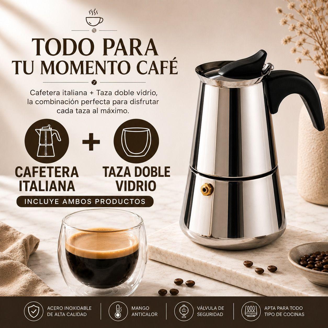 COMBO PREMIUM CAFETERA ITALIANA TAZA DOBLE VIDRIO-4