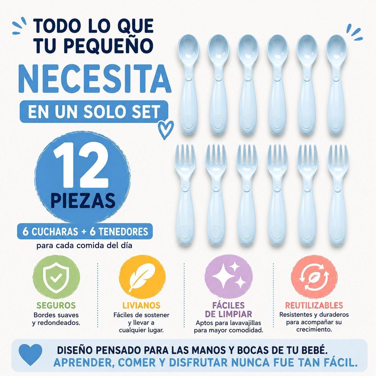 Set de Cubiertos Infantiles Reutilizables 12 Piezas Celeste-6