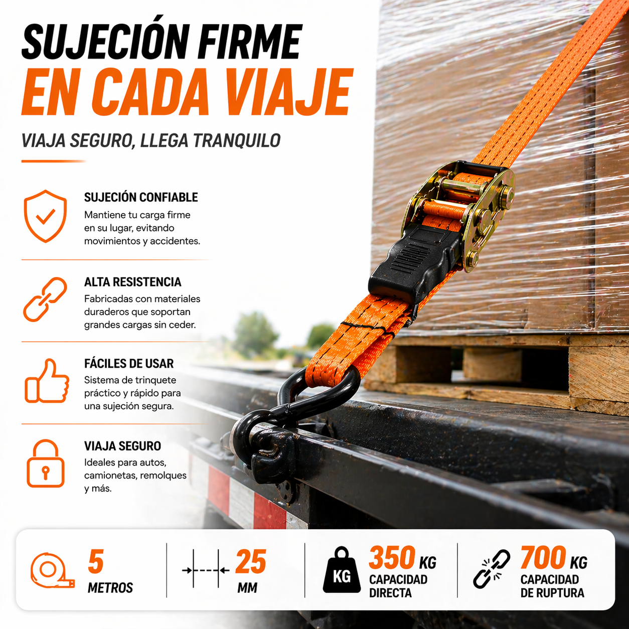Set 4 Correas de Amarre con Trinquete (5m x 25mm) | Maxima Seguridad 350/700kg-1