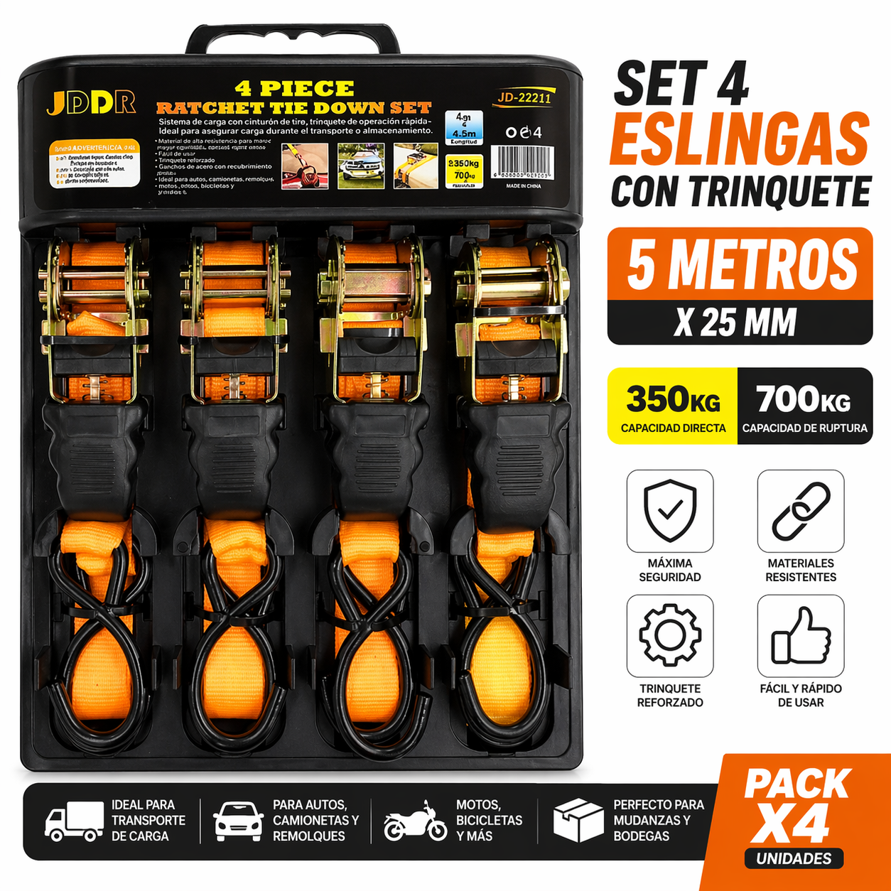 Set 4 Correas de Amarre con Trinquete (5m x 25mm) | Maxima Seguridad 350/700kg-4