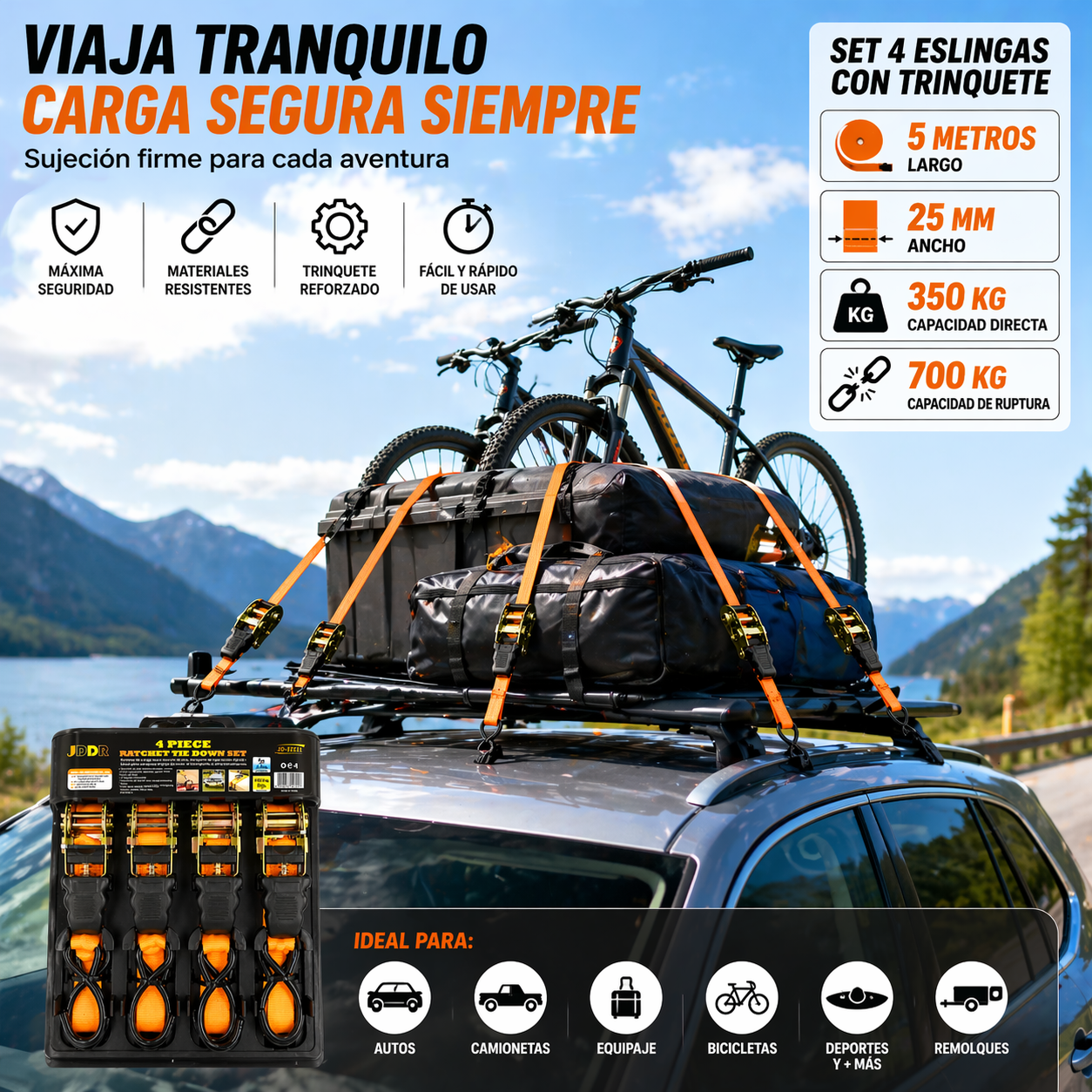 Set 4 Correas de Amarre con Trinquete (5m x 25mm) | Maxima Seguridad 350/700kg-5