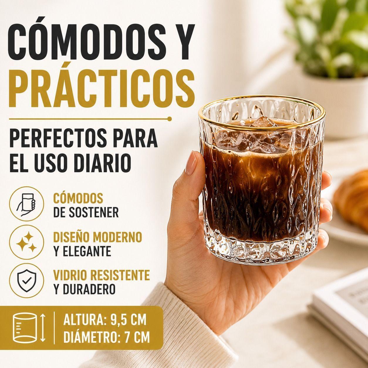 Set de 6 Vasos de Vidrio Texturizado con Borde Dorado-2
