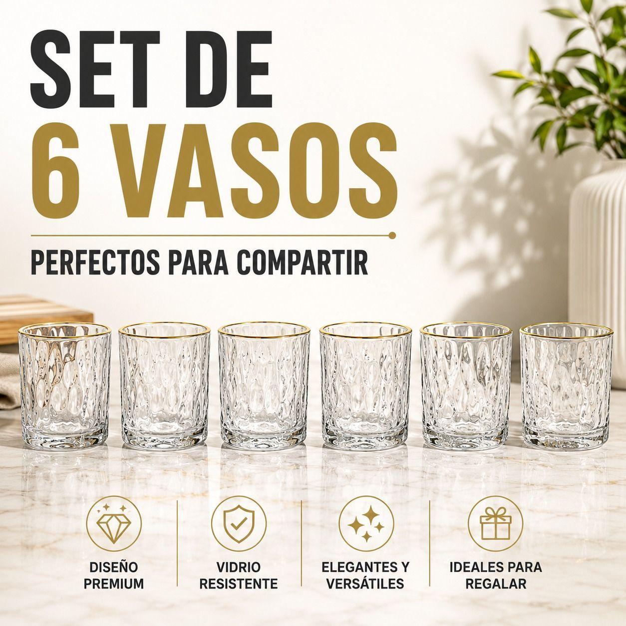 Set de 6 Vasos de Vidrio Texturizado con Borde Dorado-5