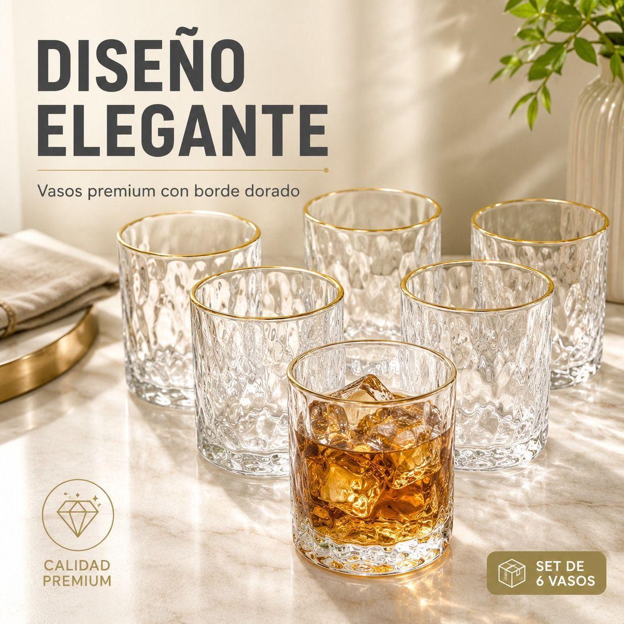 Set de 6 Vasos de Vidrio Texturizado con Borde Dorado-7