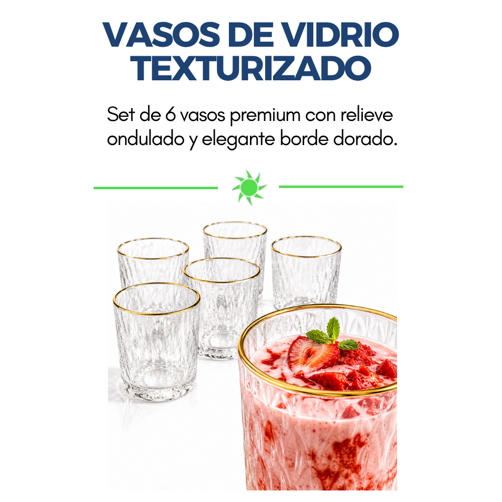 Set de 6 Vasos de Vidrio Texturizado con Borde Dorado-9