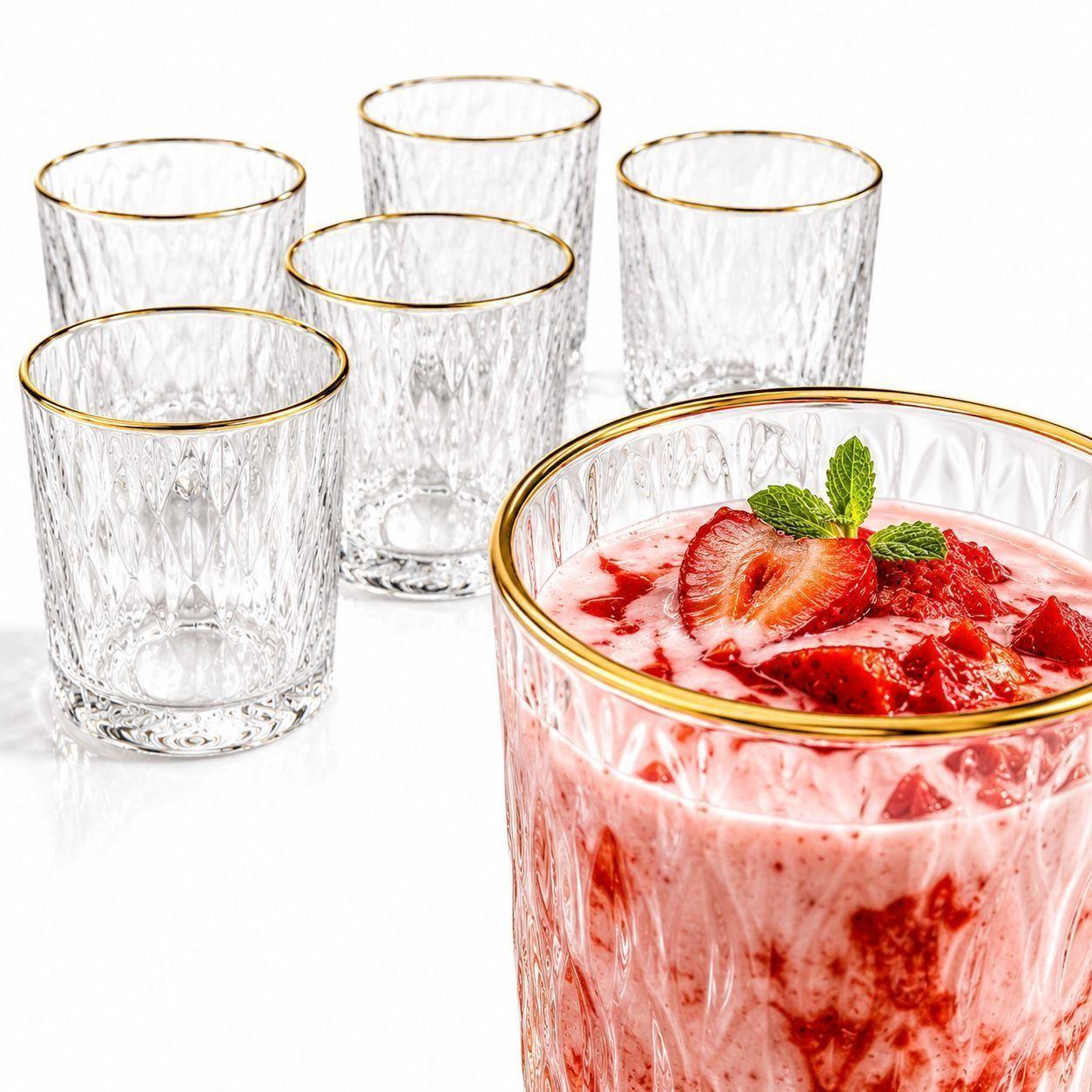 Set de 6 Vasos de Vidrio Texturizado con Borde Dorado-0