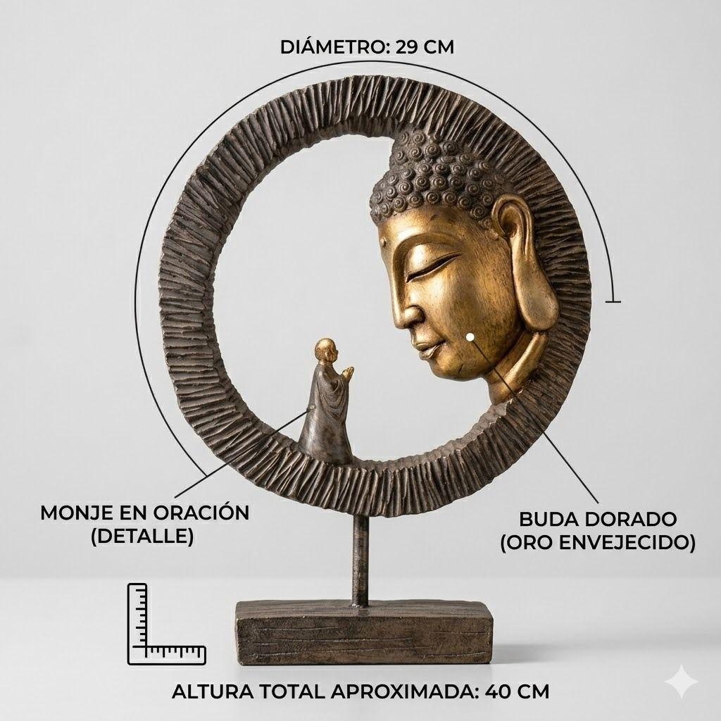 Escultura Premium Buda Meditacion Zen en Arco Dorado 29 cm Diametro-2