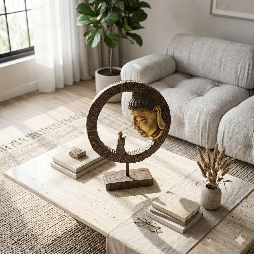 Escultura Premium Buda Meditacion Zen en Arco Dorado 29 cm Diametro-3