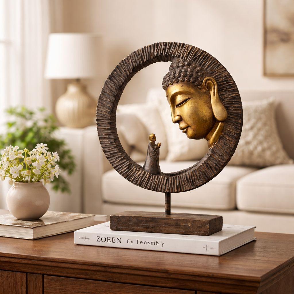 Escultura Premium Buda Meditacion Zen en Arco Dorado 29 cm Diametro-5