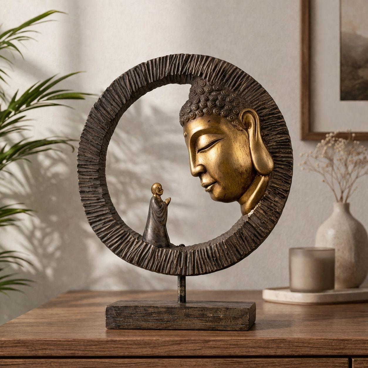 Escultura Premium Buda Meditacion Zen en Arco Dorado 29 cm Diametro-6