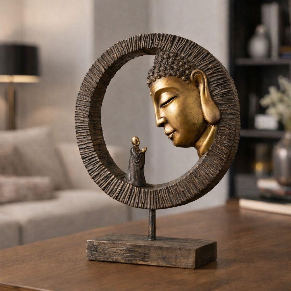 Escultura Premium Buda Meditacion Zen en Arco Dorado 29 cm Diametro-7